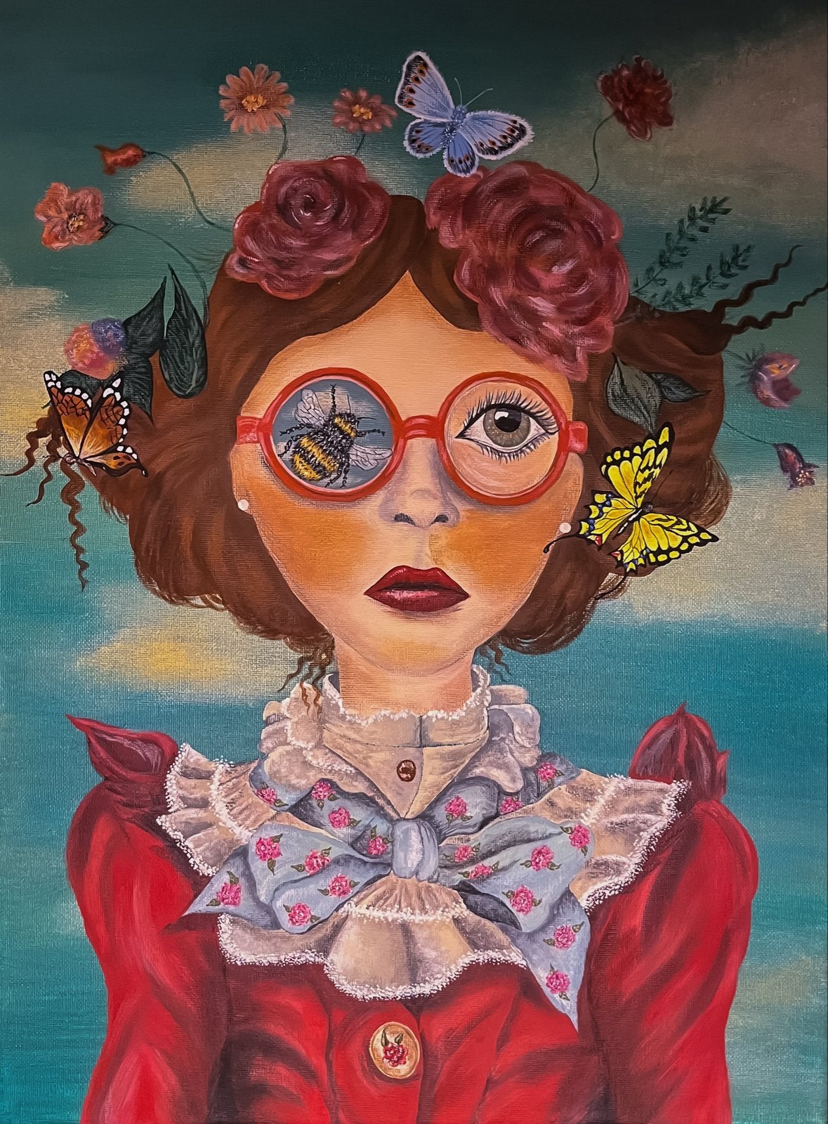 Vrouw met bril - Surrealistisch schilderij, Antiek en Kunst, Kunst | Schilderijen | Klassiek, Acrylverf, Portret of Personen, Surrealisme