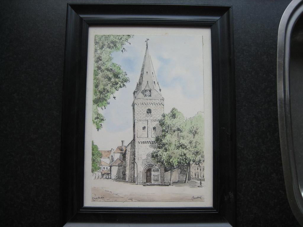 ENSCHEDE Kerk oude markt prent kunstenaar Brobbel, Ophalen, 1940 tot 1960, Overige onderwerpen