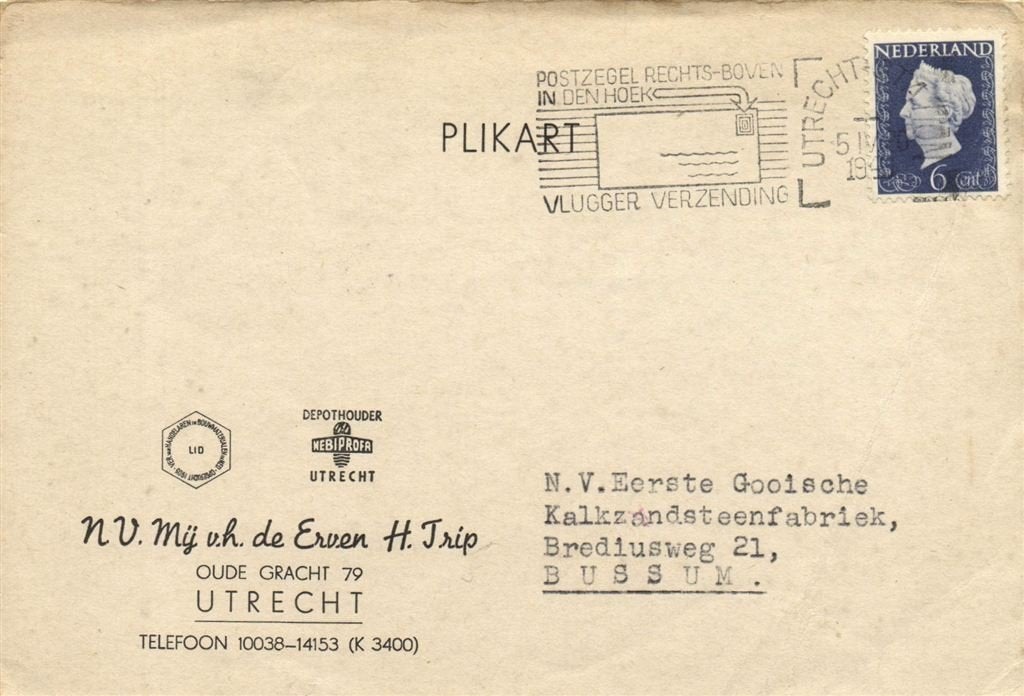 NV Mij v.h. de Erven H. Trip, Utrecht - 04.1949 - plikart, Postzegels en Munten, Ophalen of Verzenden, Briefkaart
