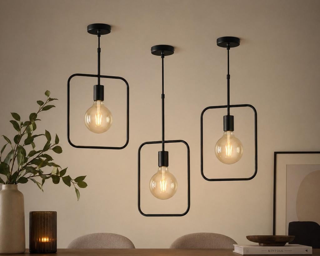 3 Moderne Zwarte Hanglamp met Open Frame., Huis en Inrichting, Lampen | Hanglampen, Ophalen of Verzenden, Zo goed als nieuw, Metaal