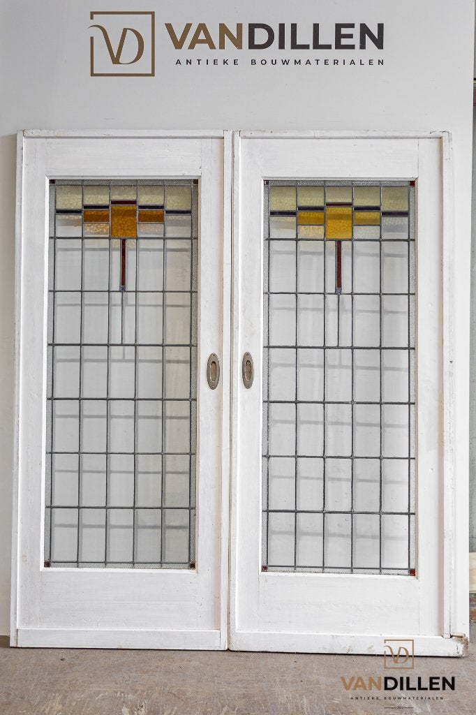 Antieke ensuite / schuifdeuren glas in lood motief, Doe-het-zelf en Verbouw, Deuren en Horren, 120 cm of meer, Binnendeur, Ophalen of Verzenden