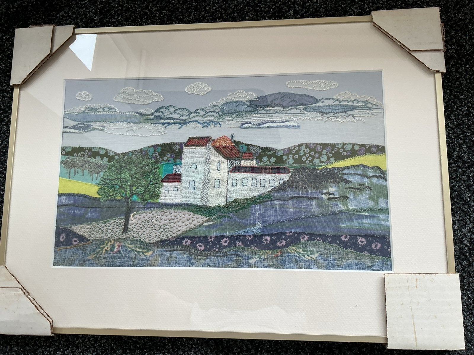 handgemaakt textielkunstwerk met landschap 42x30 cm, Overige stijlen, Overige ondergronden, Landschap, Gemengde techniek