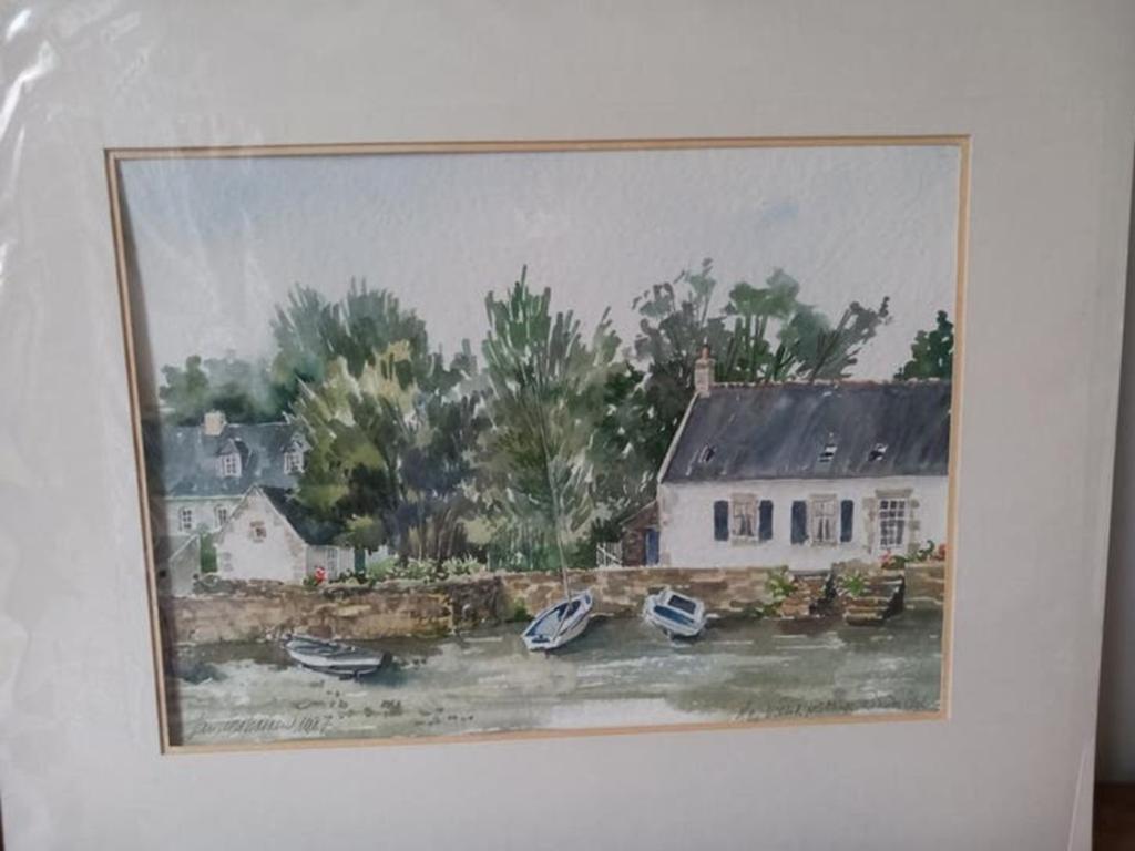 J.W. Verhoeven - Aquarel van een dorp aan het water (1987), Ophalen