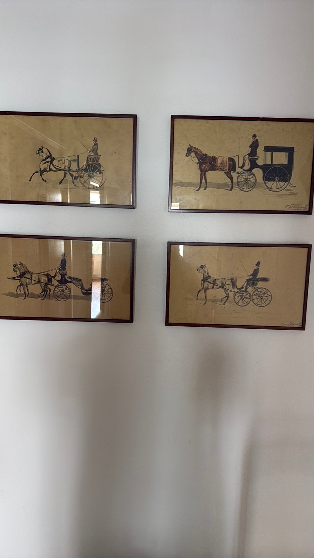 7 klassieke prenten van antieke rijtuigen en paardenkoetsen, Verzamelen, Scheepvaart, Ophalen, Gebruikt