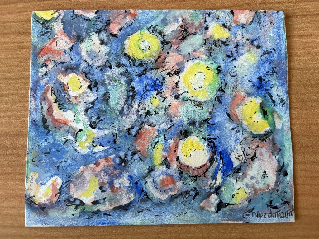 Germaine Nordmann - Fleurig bloemen schilderijtje-gesigneerd, Papier/karton, Ophalen of Verzenden, Gemengde techniek, Gesigneerd