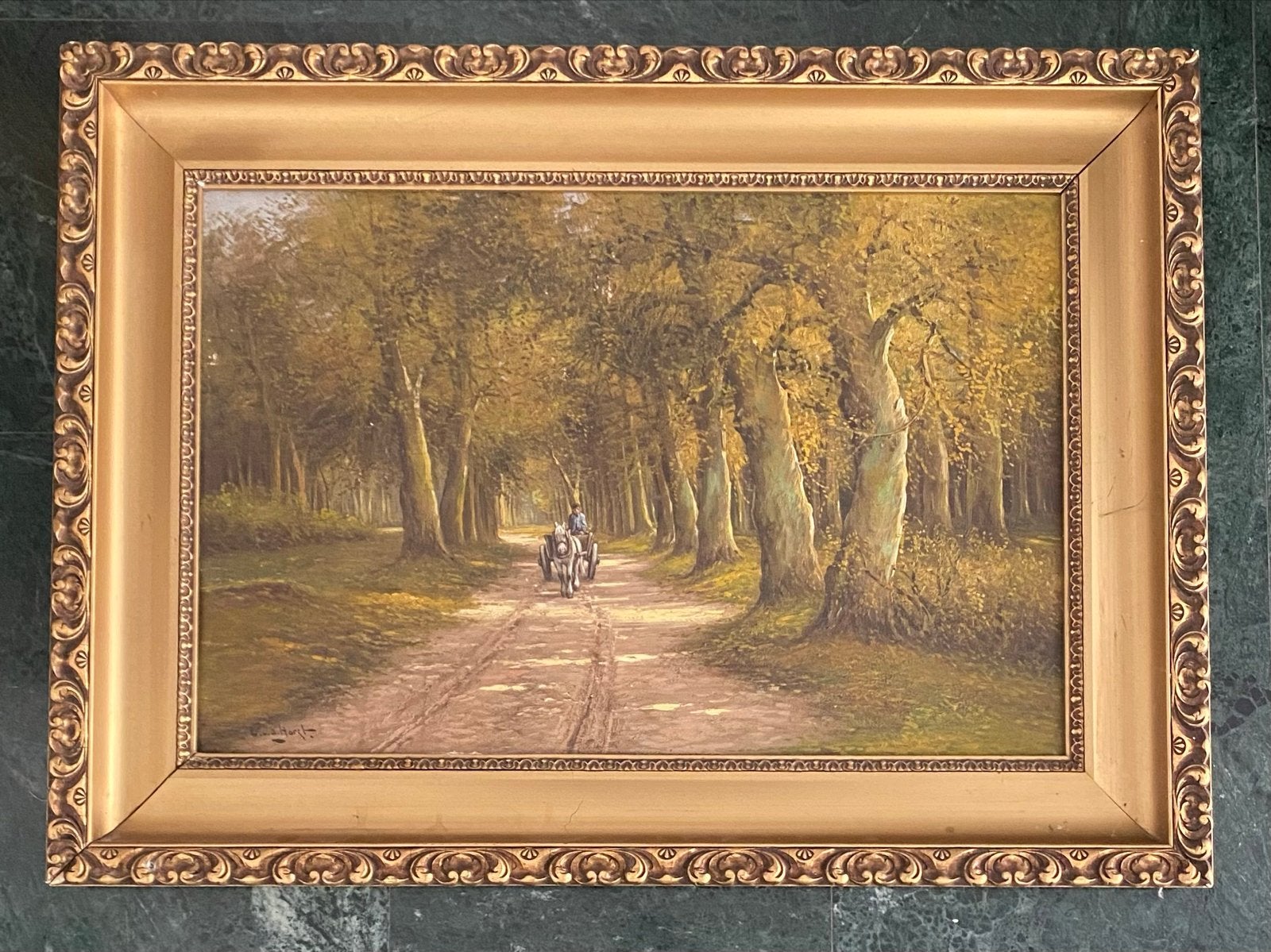 Schilderij met bosgezicht en koets, 58x77 cm, Ophalen, Doek, Realistisch, Landschap
