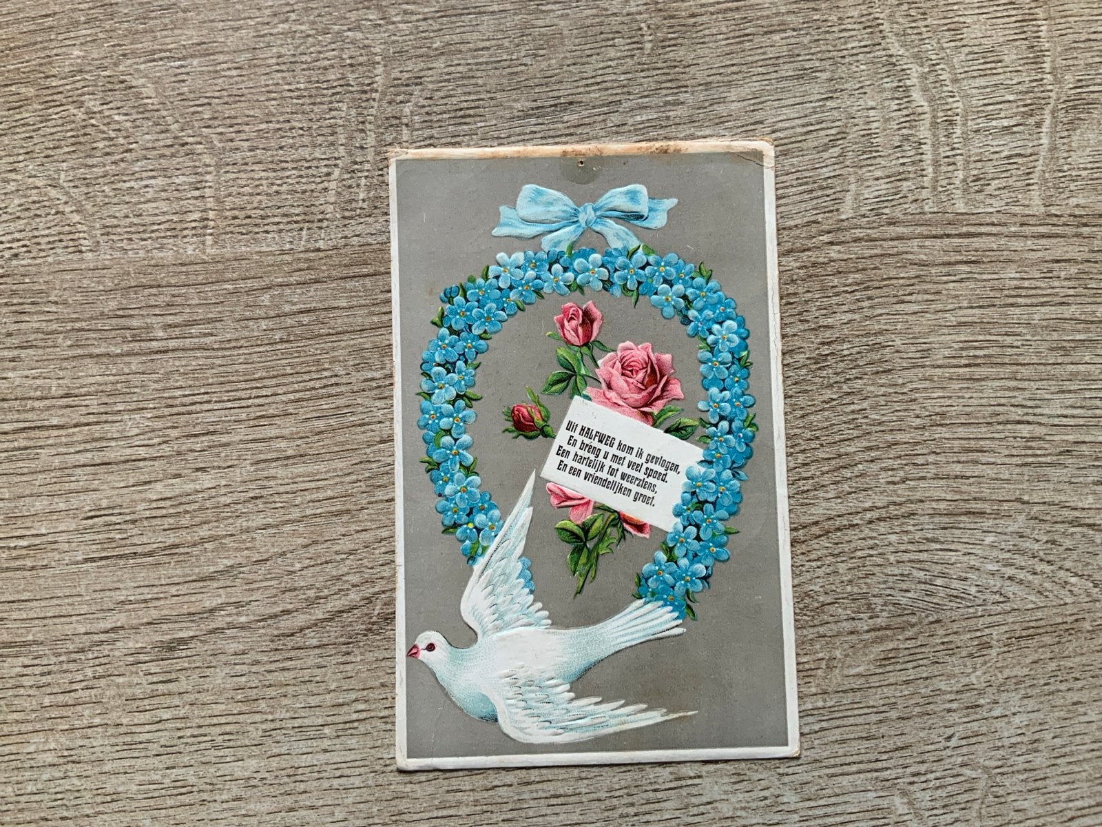 : Duif met bloemenkrans en gedicht, Ophalen of Verzenden, Voor 1920, Gelopen