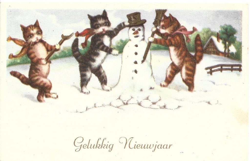 Vintage-Gelukkig Nieuwjaar-Poesen met sneeuwpop-Goudopdruk, Ophalen of Verzenden, 1940 tot 1960, Gelopen, Feest(dag)