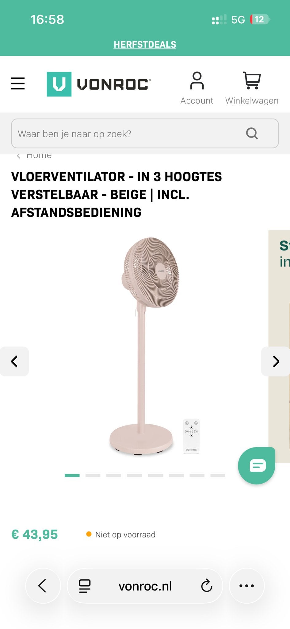 Vonroc Vloerventilator - Beige, incl. afstandsbediening, Ophalen, Ventilator met afstandsbediening, Nieuw, Vloerventilator