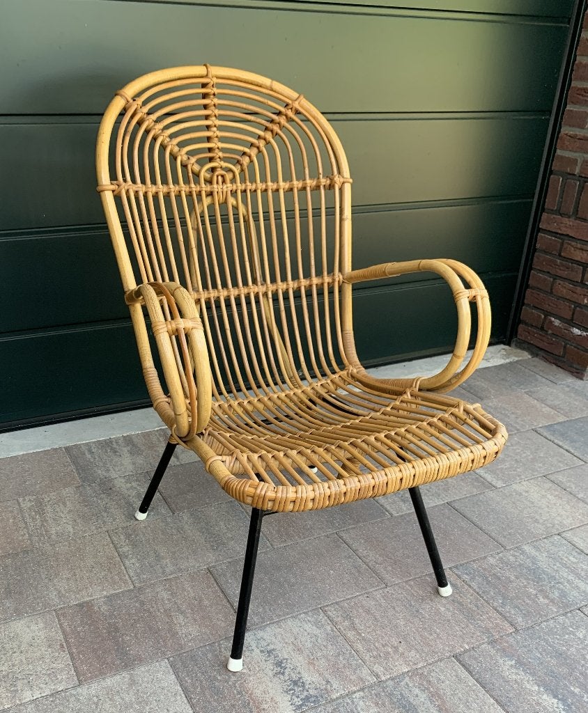 vintage rotan stoel / fauteuil, retro jaren 60 - 70, Rohé, Huis en Inrichting, Stoelen, Ophalen, Gebruikt, Overige kleuren, Riet of Rotan