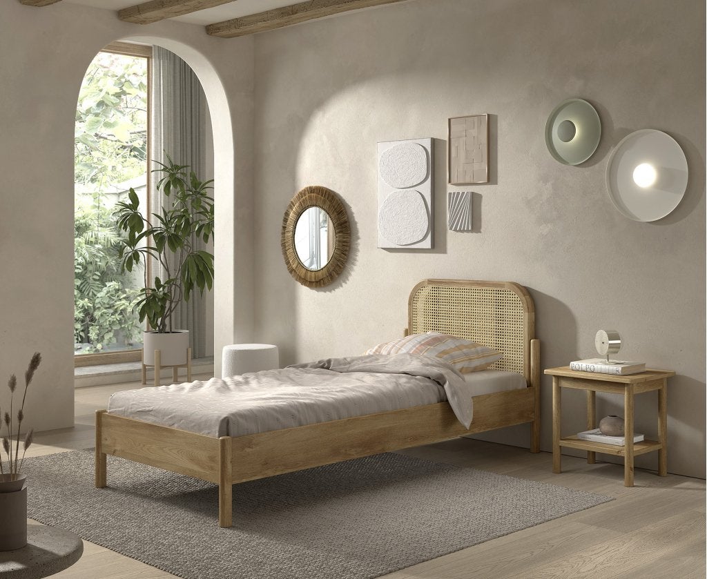 Olive 1-persoonsbed rotan - 90x200 - Massief eiken, Niet ingevuld, Niet ingevuld, Niet ingevuld