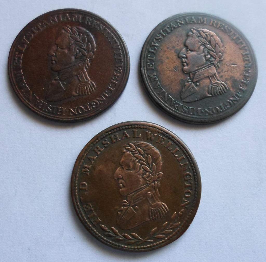 3 verschillende half penny Wellington tokens 1812 - 1813, Verzenden, Brons, Buitenland