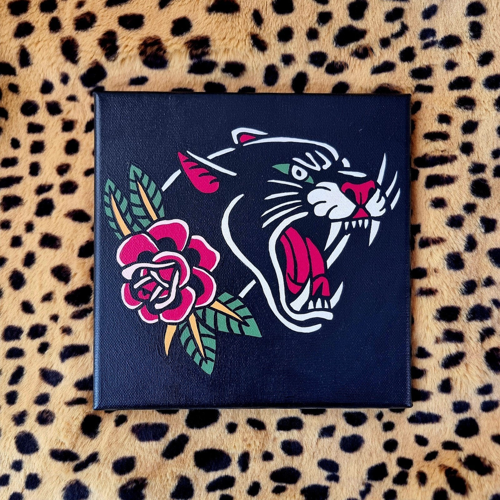 Handgeschilderd schilderijtje 20x20 cm tattoo panter, Ophalen of Verzenden