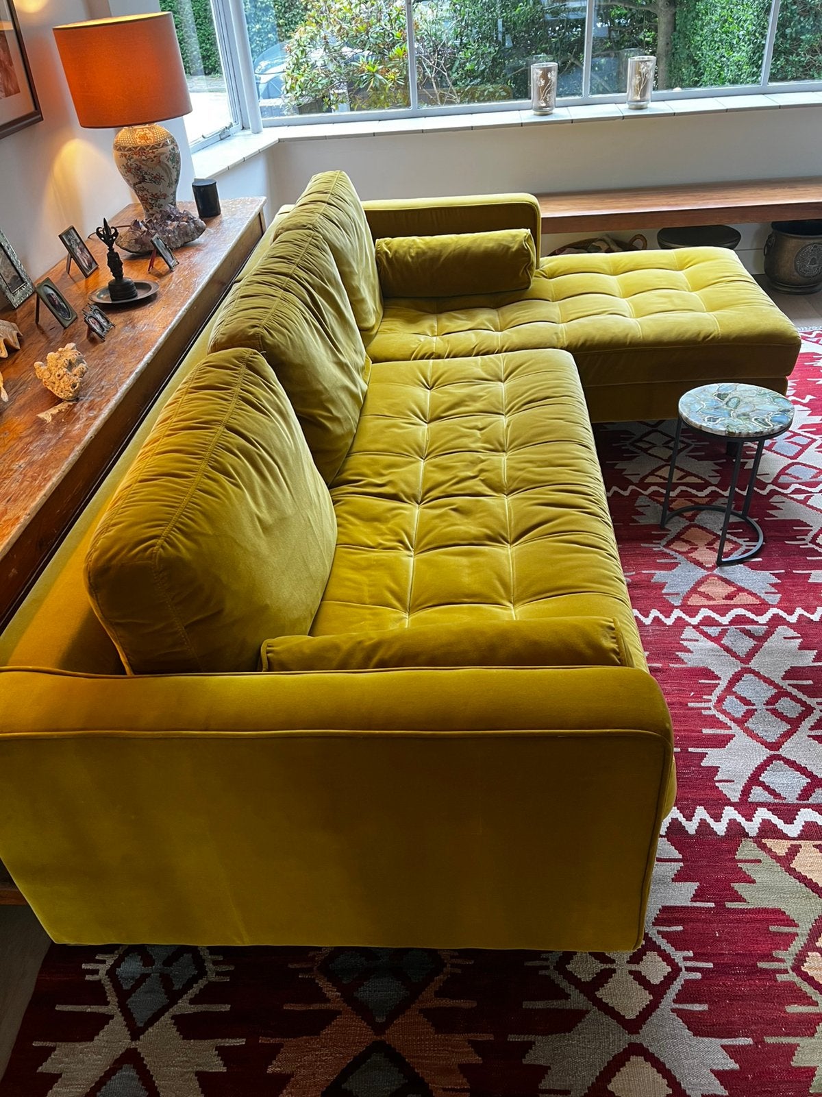 Mosterd gele bank met chaise longue - velvet, Huis en Inrichting, Ophalen, 250 tot 300 cm, Gebruikt, Hoekbank