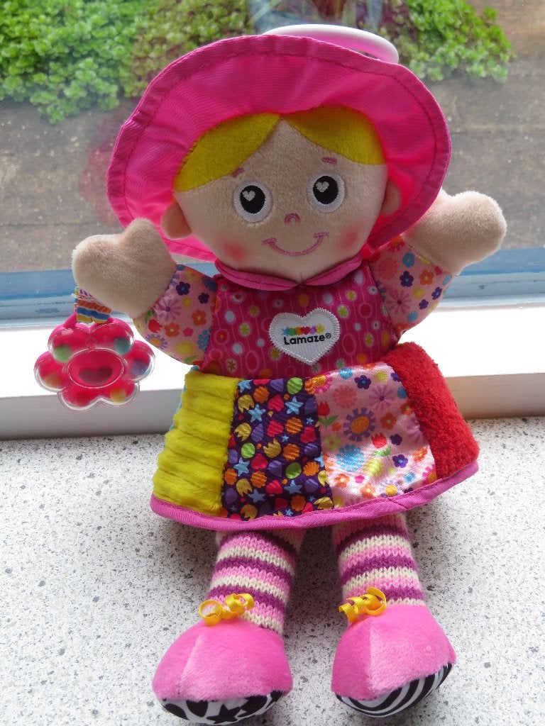 Pop Emily Lamaze met knisperfolie in jurk met rammelketting, Ophalen of Verzenden, Zo goed als nieuw, Overige typen, Met geluid