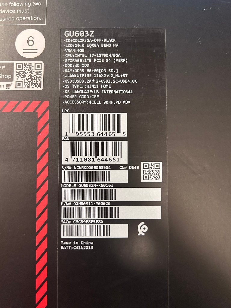 Gaming laptop ROG Zephyrus M16 GU603ZM-K8016W, Ophalen, Met videokaart, Qwerty, ASUS