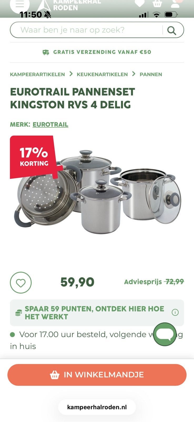 NIEUW! Eurotrail Kingston RVS Pannenset - 4 Delig, Caravans en Kamperen, Ophalen, Nieuw