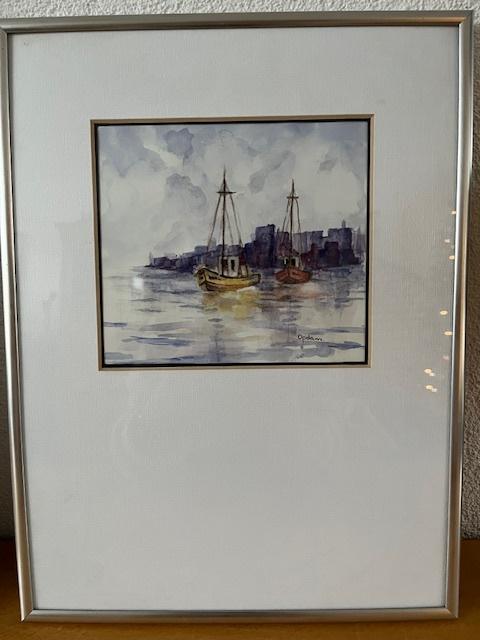 Schilderij bootjes in Zaanstreek - aquarel - Bep Opdam, Ophalen of Verzenden