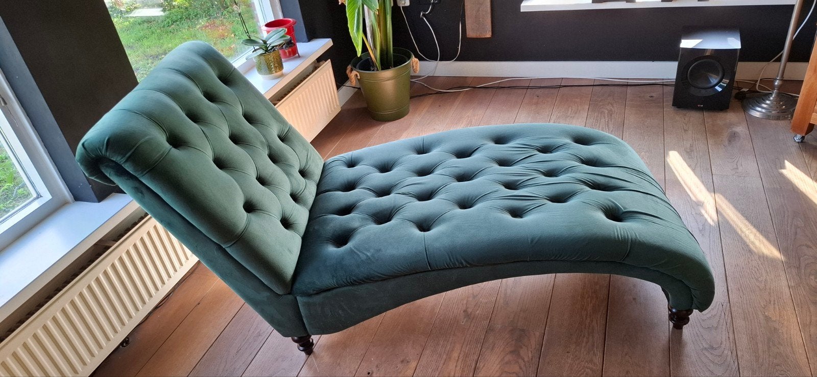 Groene gecapitonneerde chaise longue bank, Ophalen, Eenpersoons, Zo goed als nieuw, Minder dan 150 cm