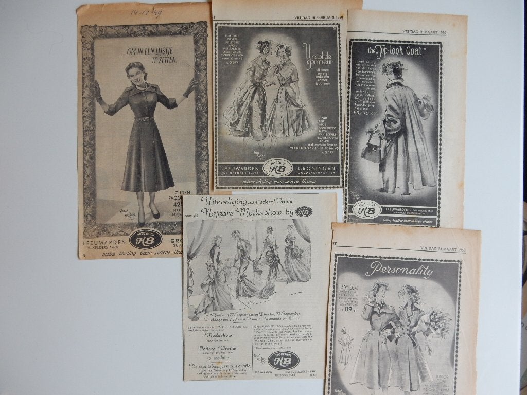 5 x reclame adv. HB modehuis uit Leeuwarder courant (2)., Verzamelen, Ophalen of Verzenden, 1940 tot 1960, Nederland, Knipsel(s)
