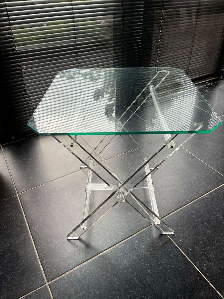 Plexiglas tafel met glazen blad, Ophalen, Gebruikt, 50 tot 100 cm, Glas