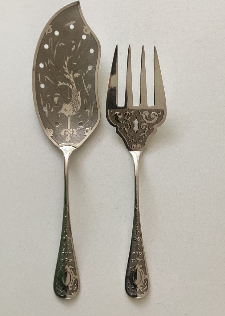 Antiek bewerkt verzilverd visserveerbestek WMF Art Nouveau, Antiek en Kunst, Ophalen of Verzenden