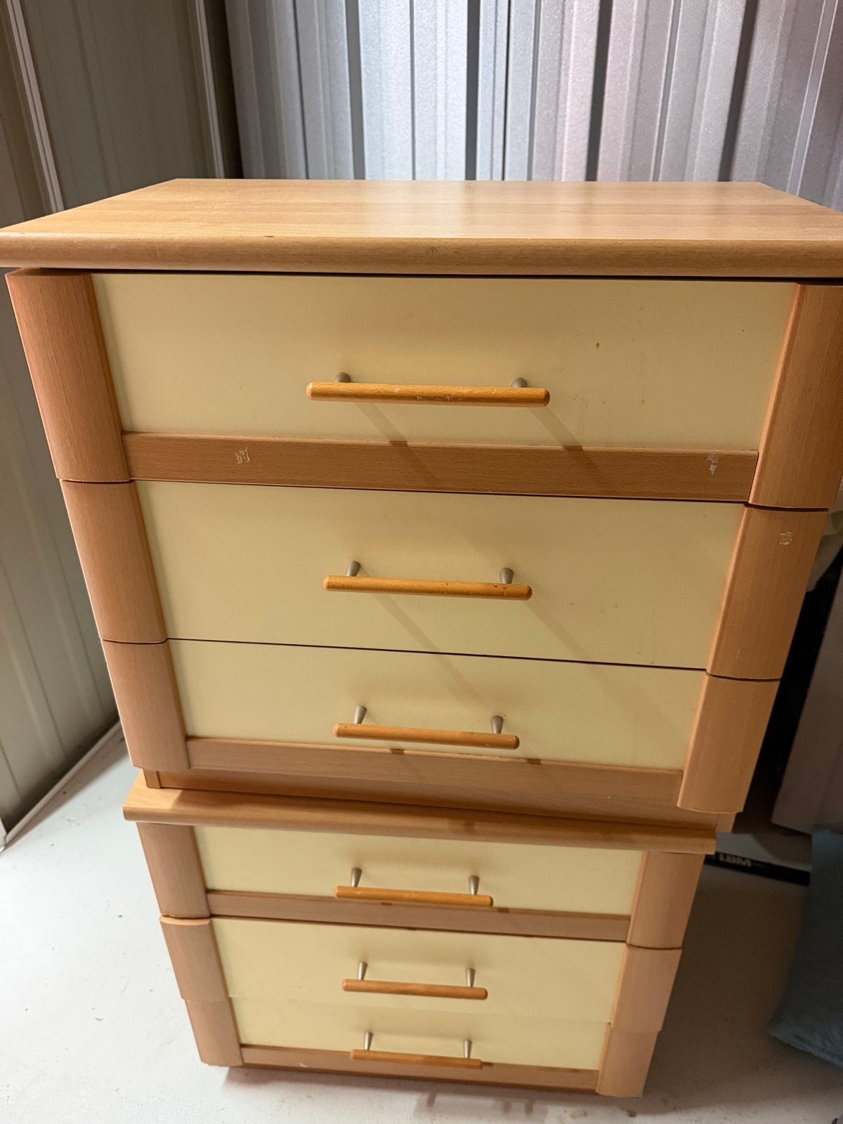 Twee ladekasten met 3 laden, hout en crème, Ophalen, Gebruikt, 100 tot 150 cm, 50 tot 100 cm