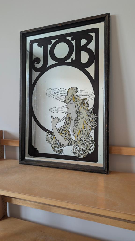 Vintage spiegel in Alphonse Mucha Art Nouveau stijl met JOB, Antiek en Kunst, Ophalen of Verzenden, Rechthoekig, Minder dan 50 cm