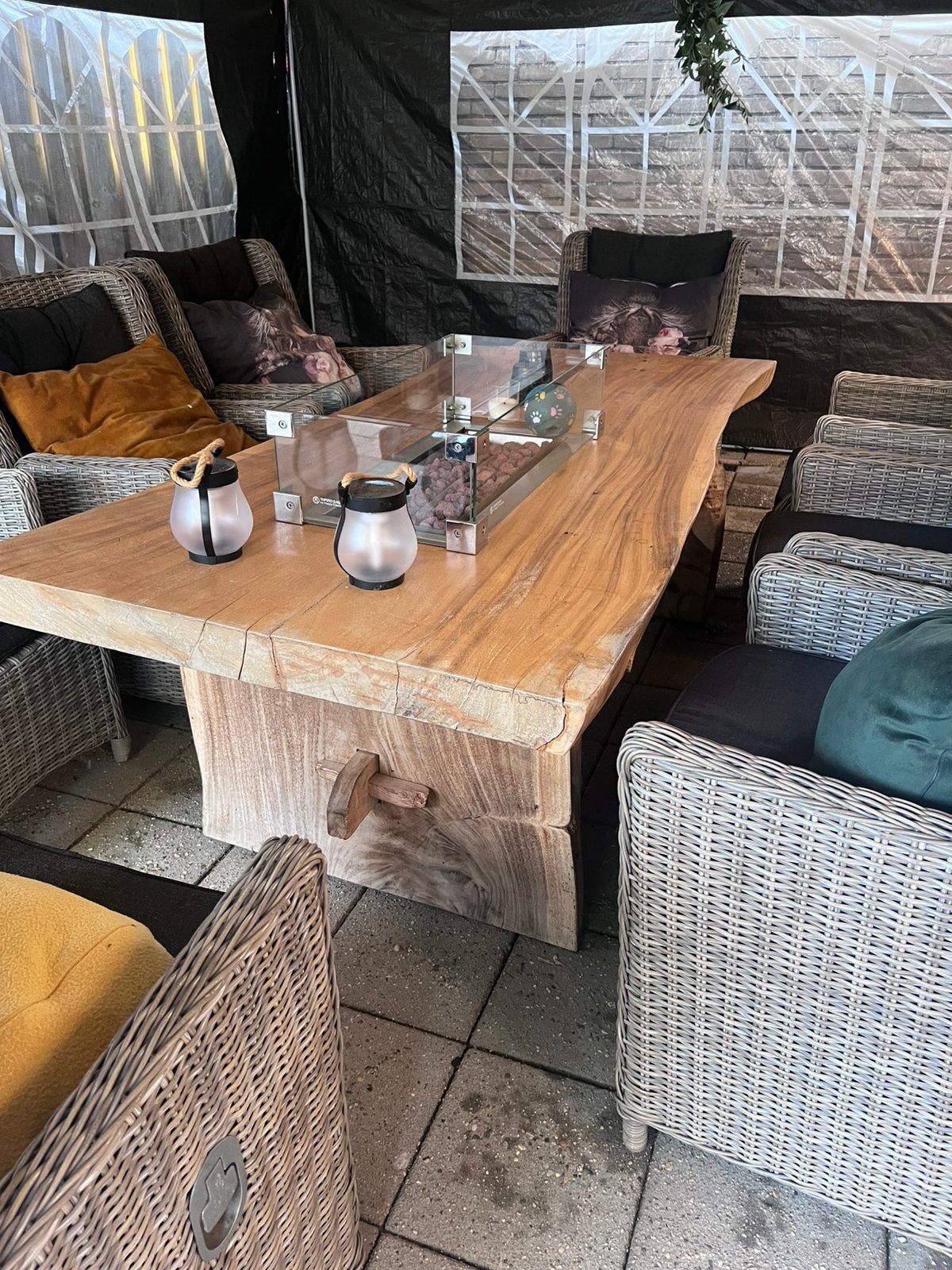 Vuurtafel boomstamtafel, Tuin en Terras, Tuinsets en Loungesets, Ophalen, Zo goed als nieuw, Teakhout