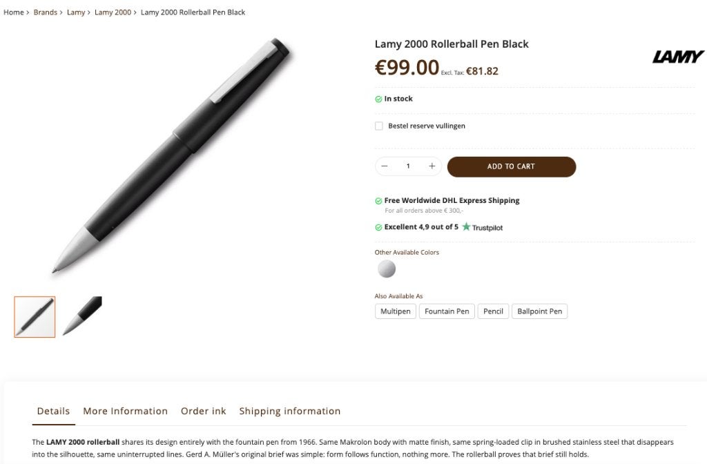 LAMY 2000 Rollerball Polycarbonate, Verzamelen, Pennenverzamelingen, Ophalen of Verzenden, Zo goed als nieuw, Balpen, Overige merken