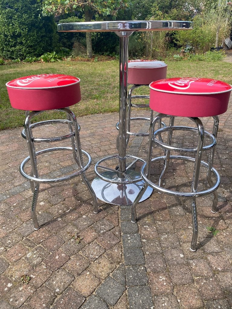 bartafel en 3 barkrukken coca cola, Ophalen, Gebruikt, 100 tot 150 cm, Rond
