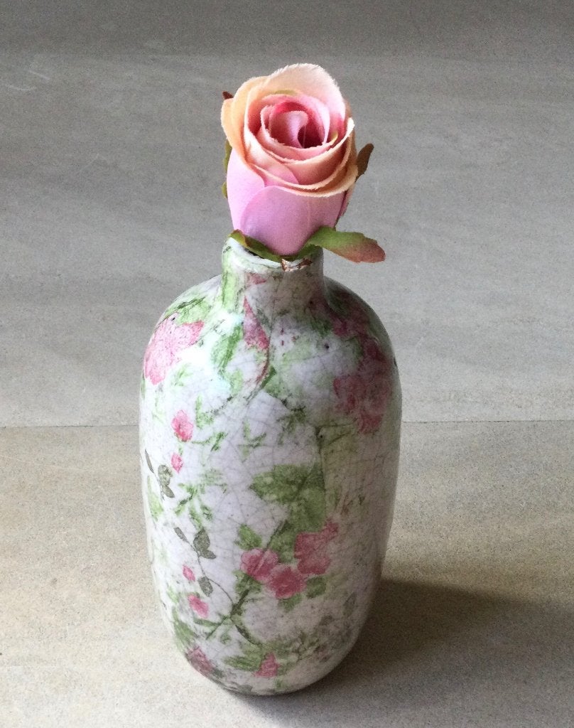 Soliflore keramiek craquelé vaasje met floraal decor, Verzenden, Zo goed als nieuw, Roze