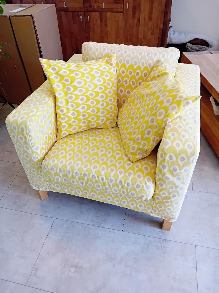 Duidelijk gebruikte IKEA Karlanda fauteuil - grappig bekleed, Ophalen, Gebruikt, 75 tot 100 cm, Stof