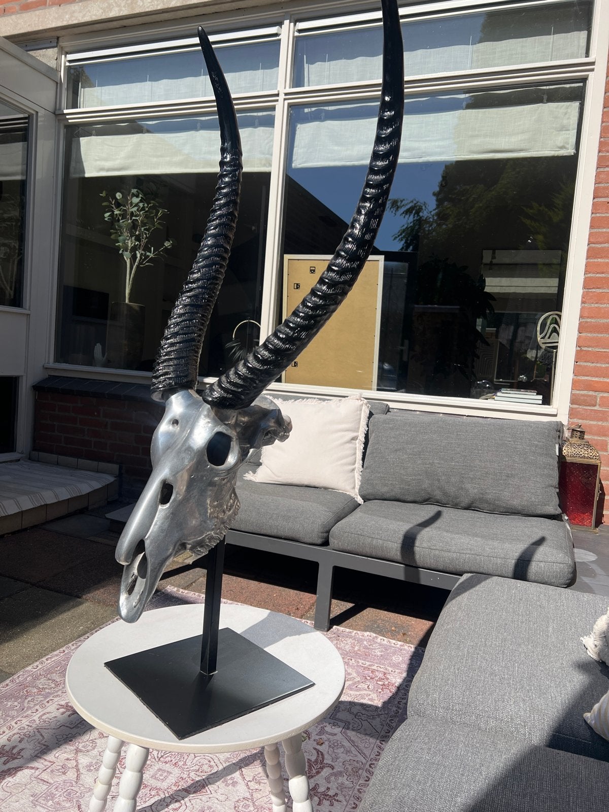 ROFRA Zilveren Decoratieve schedel met hoorns op standaard, Zoogdier, Beeld, Metaal, Modern
