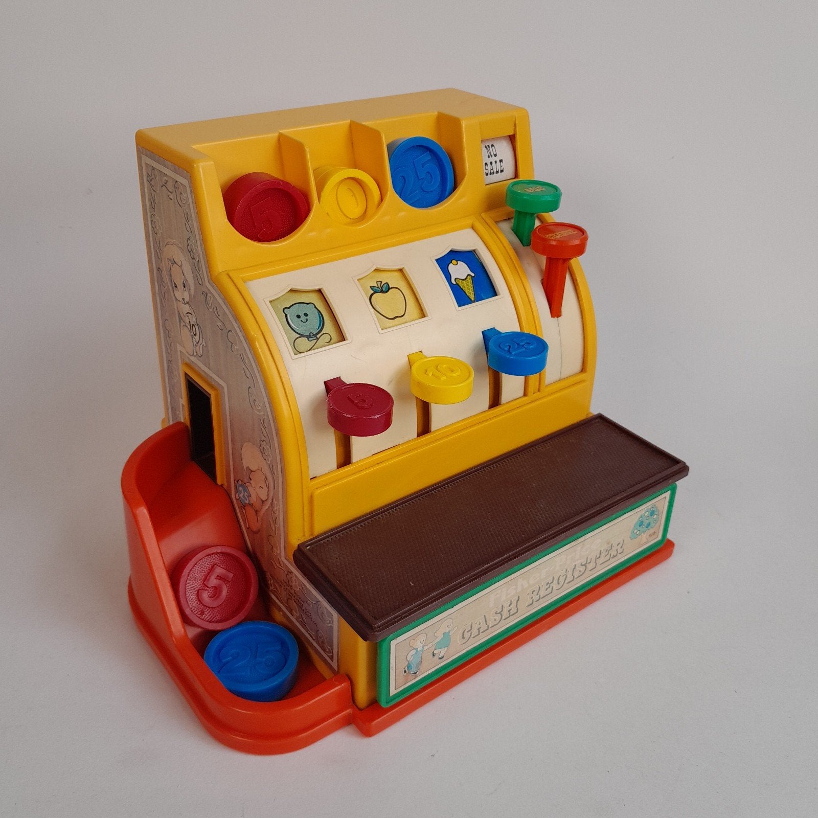 Vintage Fisher-Price kassa uit 1974 - met 5 munten en geluid, Ophalen of Verzenden, Gebruikt, Speelset, Met geluid