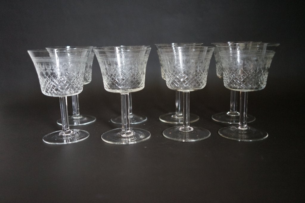 antiek glas set van 8x pall mall lady hamilton guilloche, Antiek en Kunst, Ophalen of Verzenden