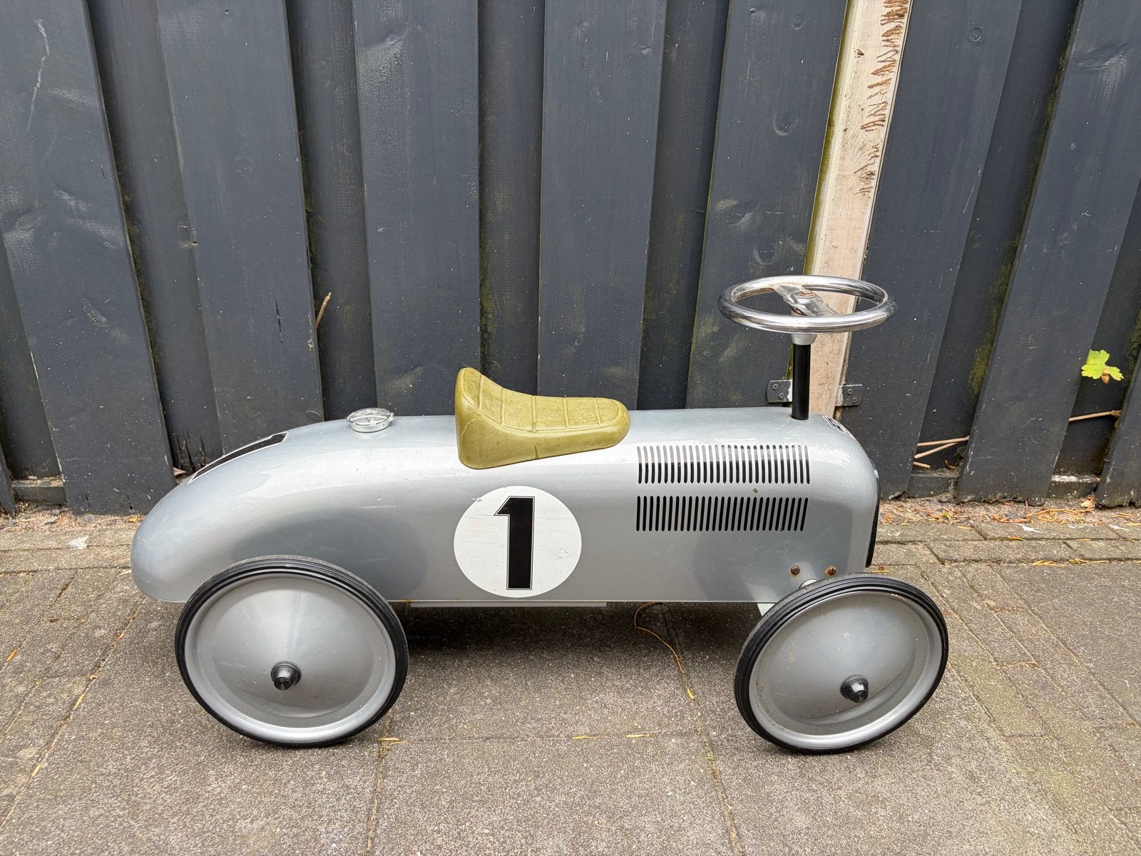 Vintage Trapauto Raceauto Zilver Nr. 1, Ophalen of Verzenden, Gebruikt
