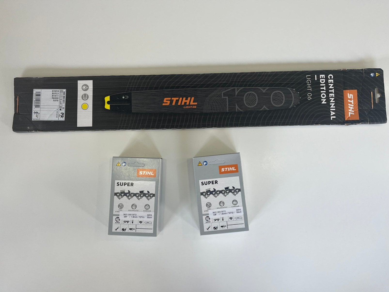 Stihl zaagblad 100j editie 50cm + 2 kettingen, 70 mm of meer, Kettingzaag, Nieuw, Ophalen of Verzenden