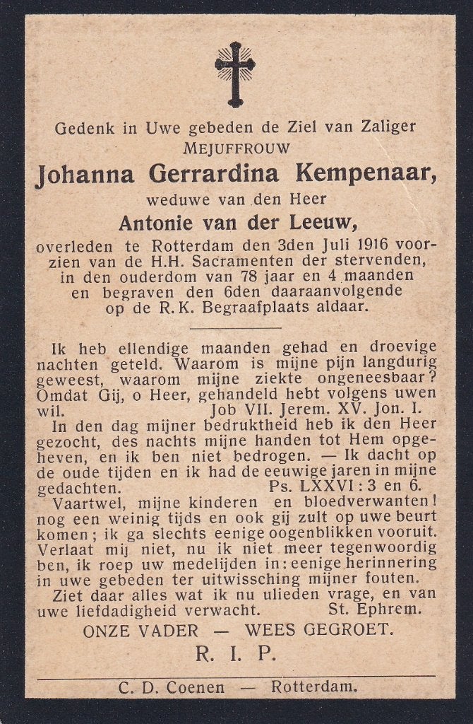 Kempenaar Johanna 1916 Rotterdam 78 jaar 4 maanden, Ophalen, Bidprentje
