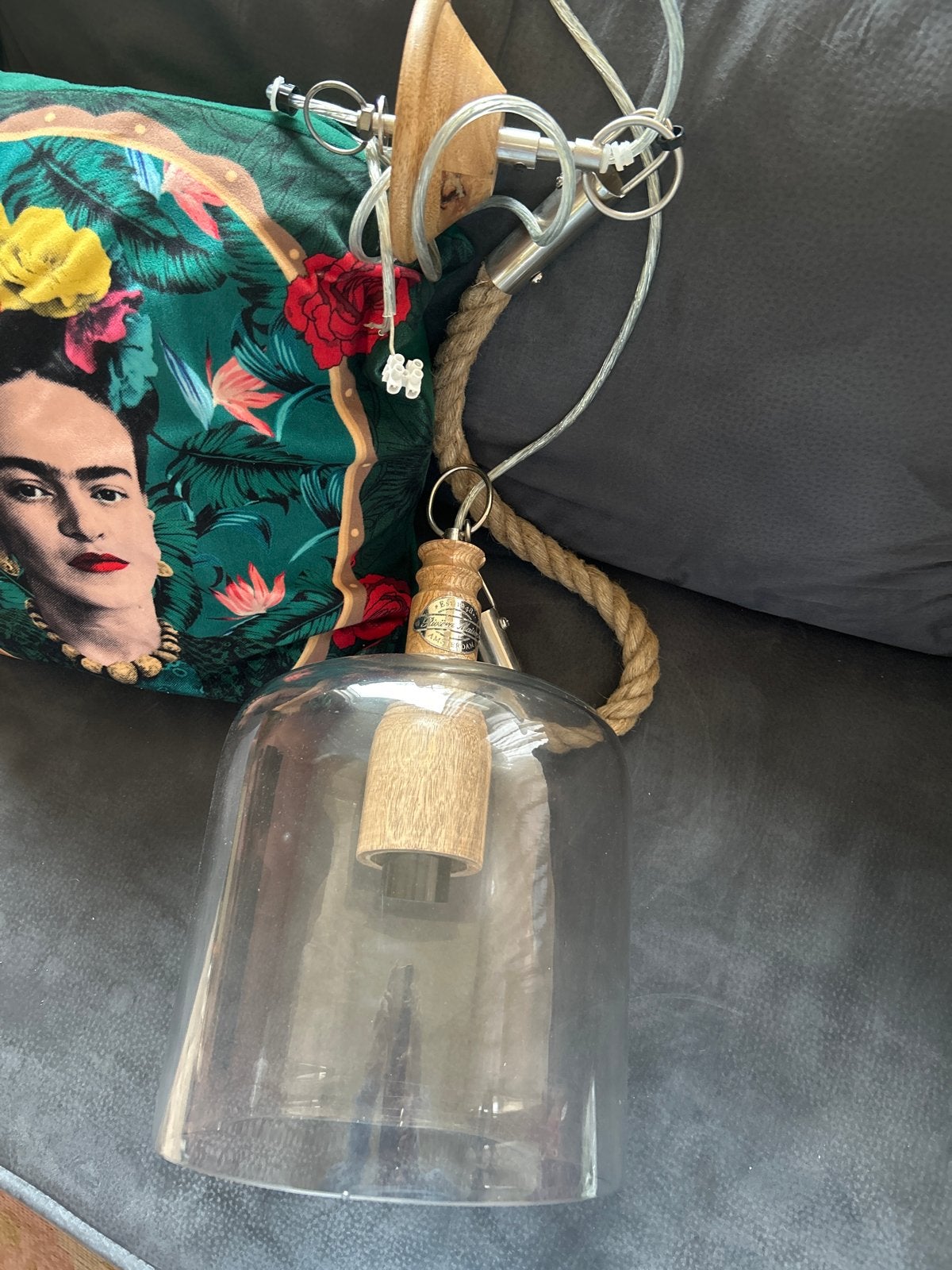 Riviera Maison hanglamp glas en hout, Ophalen, Zo goed als nieuw, Glas, E27 (groot)