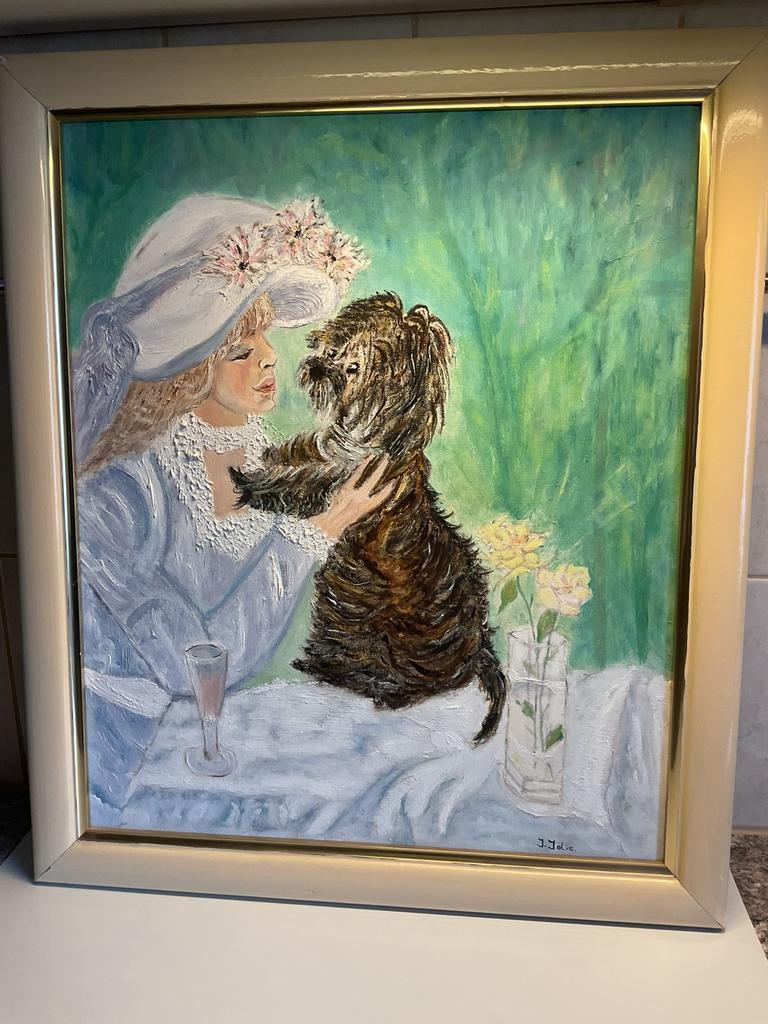 Groot olieverf schilderij dame met terriër 68 x 58 cm, Ophalen of Verzenden