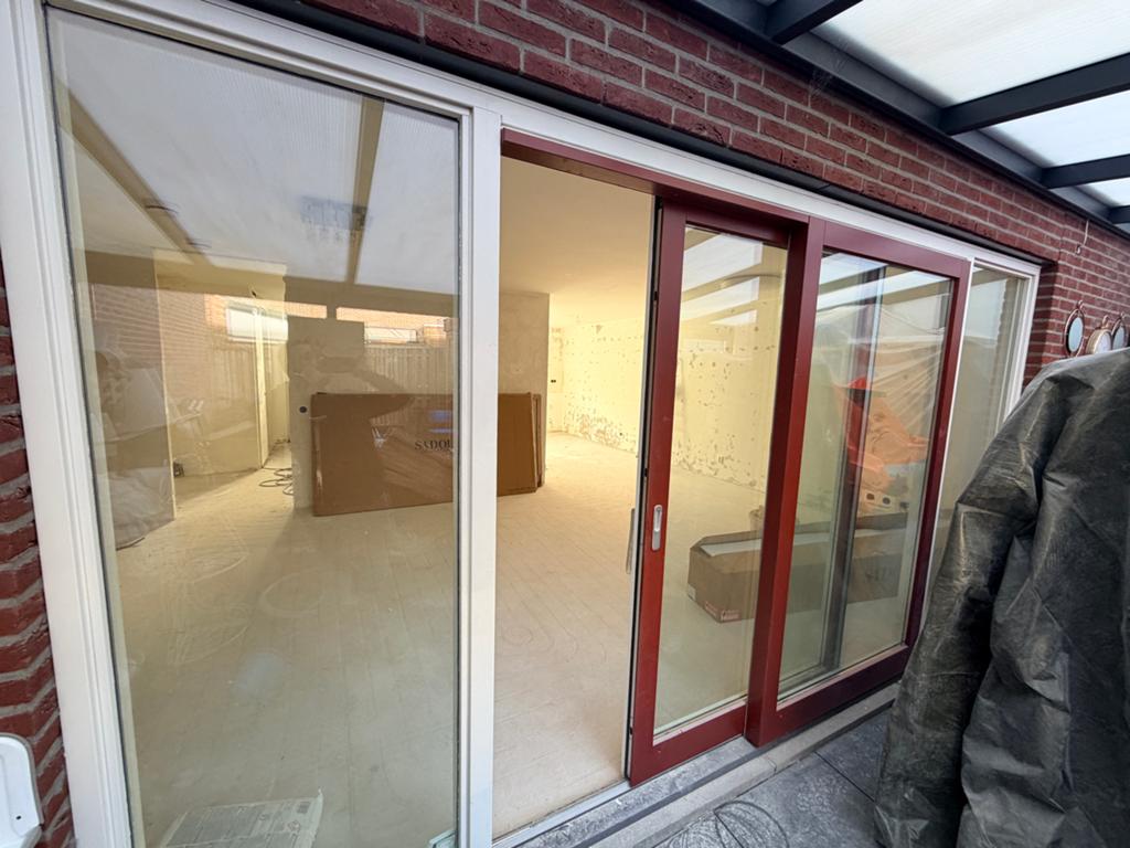 Houten schuifpui in goede staat - 2.15m x 4.05m, Doe-het-zelf en Verbouw, Gebruikt, Ophalen of Verzenden, Buitendeur, Schuifdeur