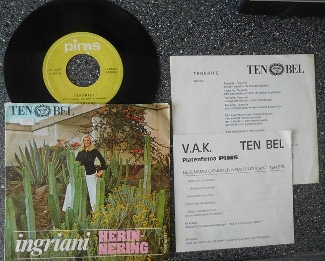 Ingriani - Tenerife (vanaf € 3,00), Cd's en Dvd's, Vinyl | Nederlandstalig, Ophalen of Verzenden, Zo goed als nieuw, 7 inch, Pop