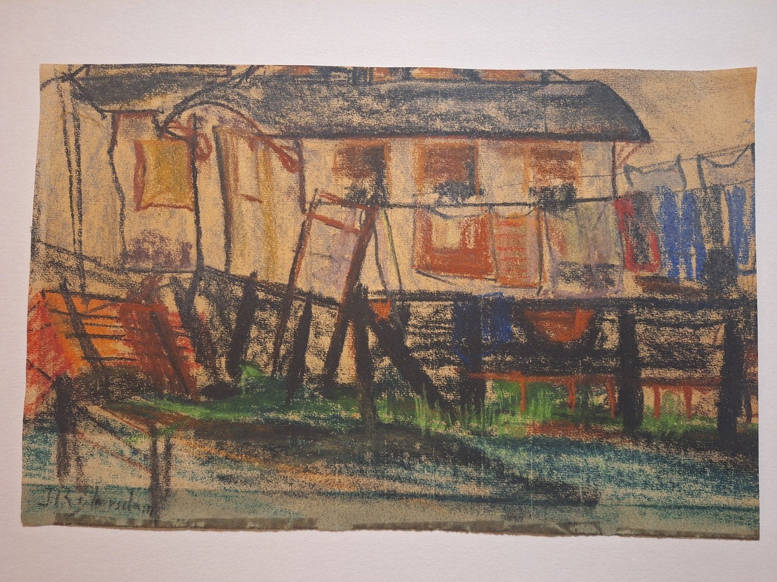 Woonwagen met waslijn - J. Rijlaarsdam, Ophalen of Verzenden