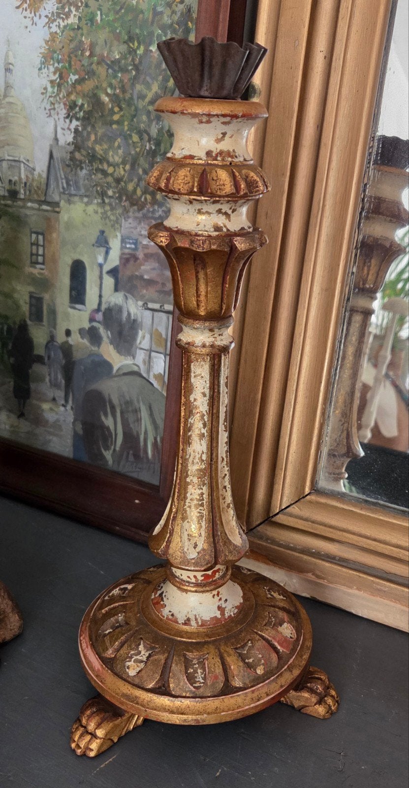 Antieke Franse Bois Doré kandelaar met leeuwen pootjes, Ophalen of Verzenden