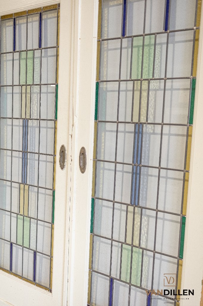 Antieke ensuite schuifdeuren glas in lood kleur 212 x 155, Gebruikt, 120 cm of meer, Binnendeur, Ophalen of Verzenden