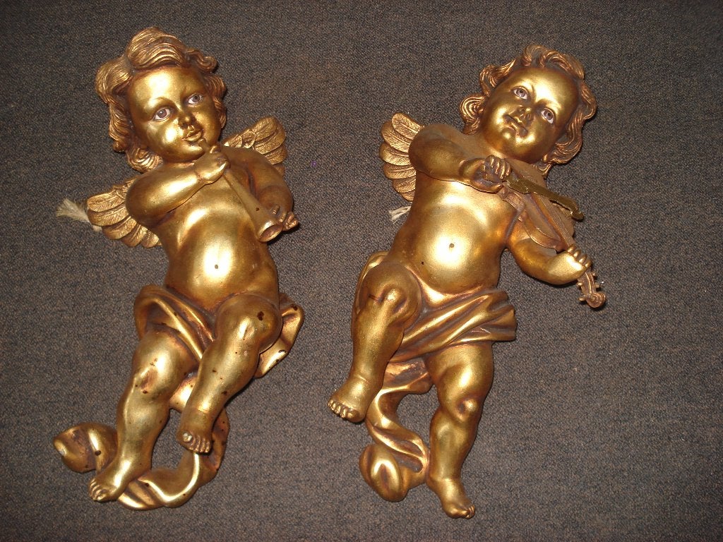 2 stuks Hang beeld Engel met Fluit en Viool  60 cm Lang, Antiek en Kunst, Handgemaakt, Beeld, Europa, Religie