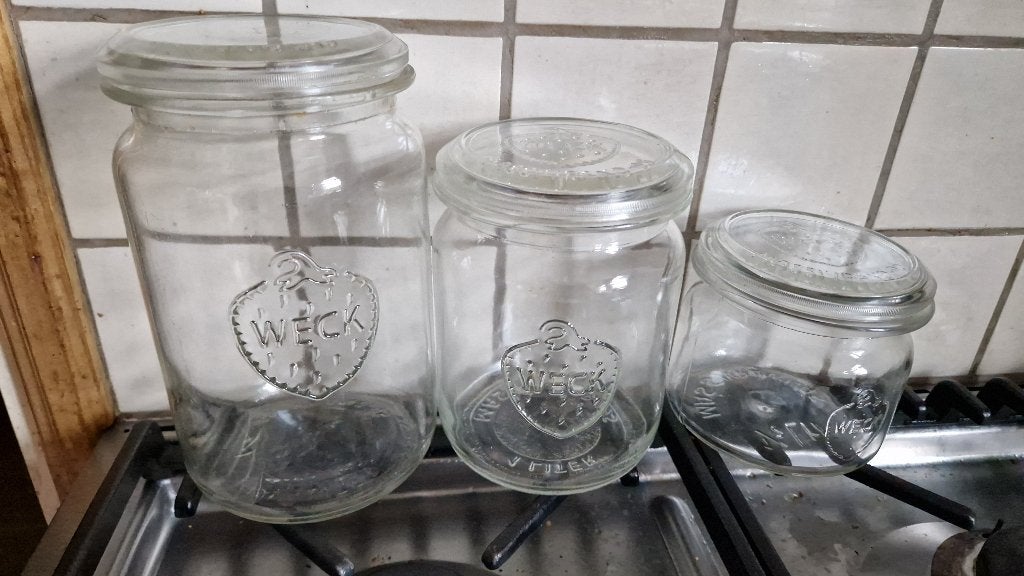 Vintage Weck inmaak glazen 0.5L 1L 1.5L, Ophalen, Gebruikt, Pot, Bus of Blik, Glas