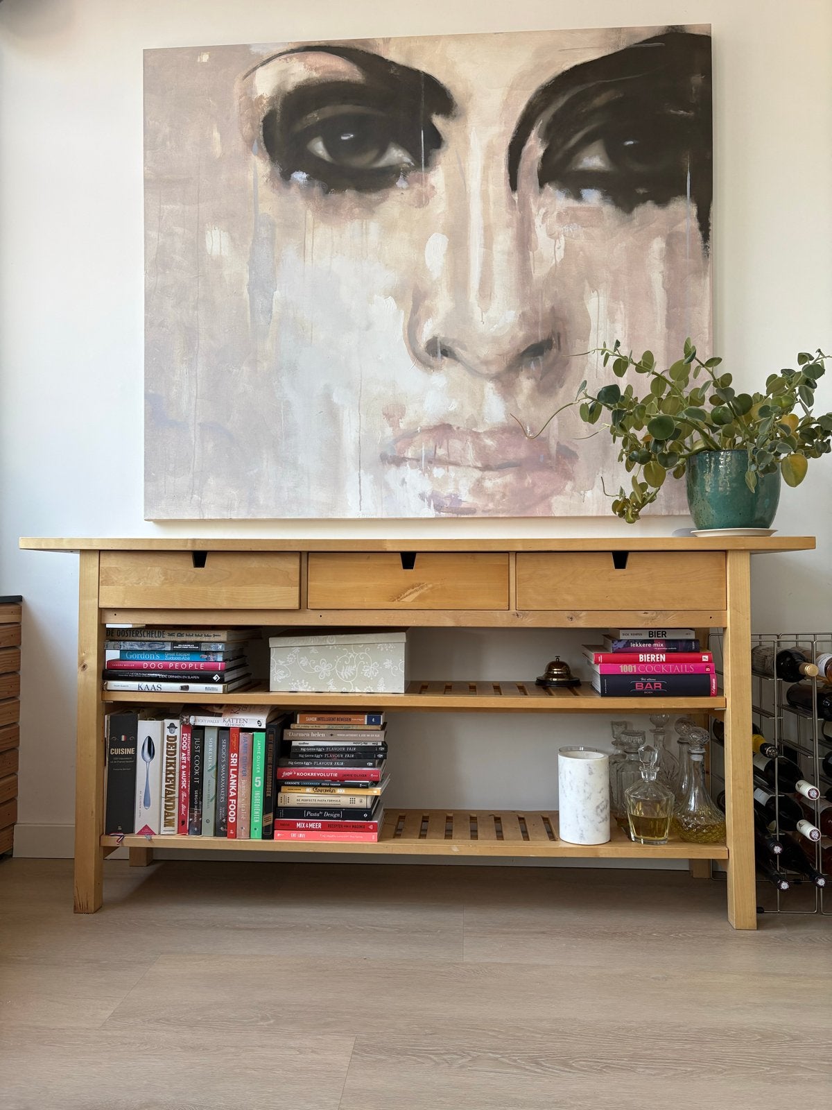 IKEA Norden sidetable met 3 lades en opbergplanken, Huis en Inrichting, Gebruikt, 100 tot 150 cm, Ophalen of Verzenden, Overige houtsoorten
