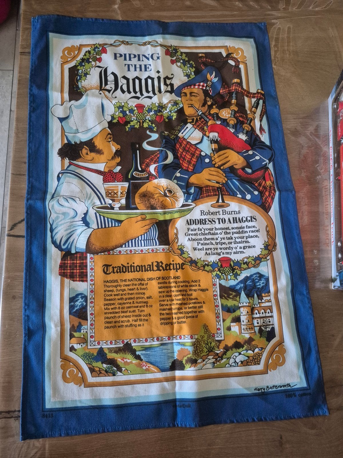 Vintage Schotse Theedoek 'Piping the Haggis' – Harry Butterw, Ophalen of Verzenden